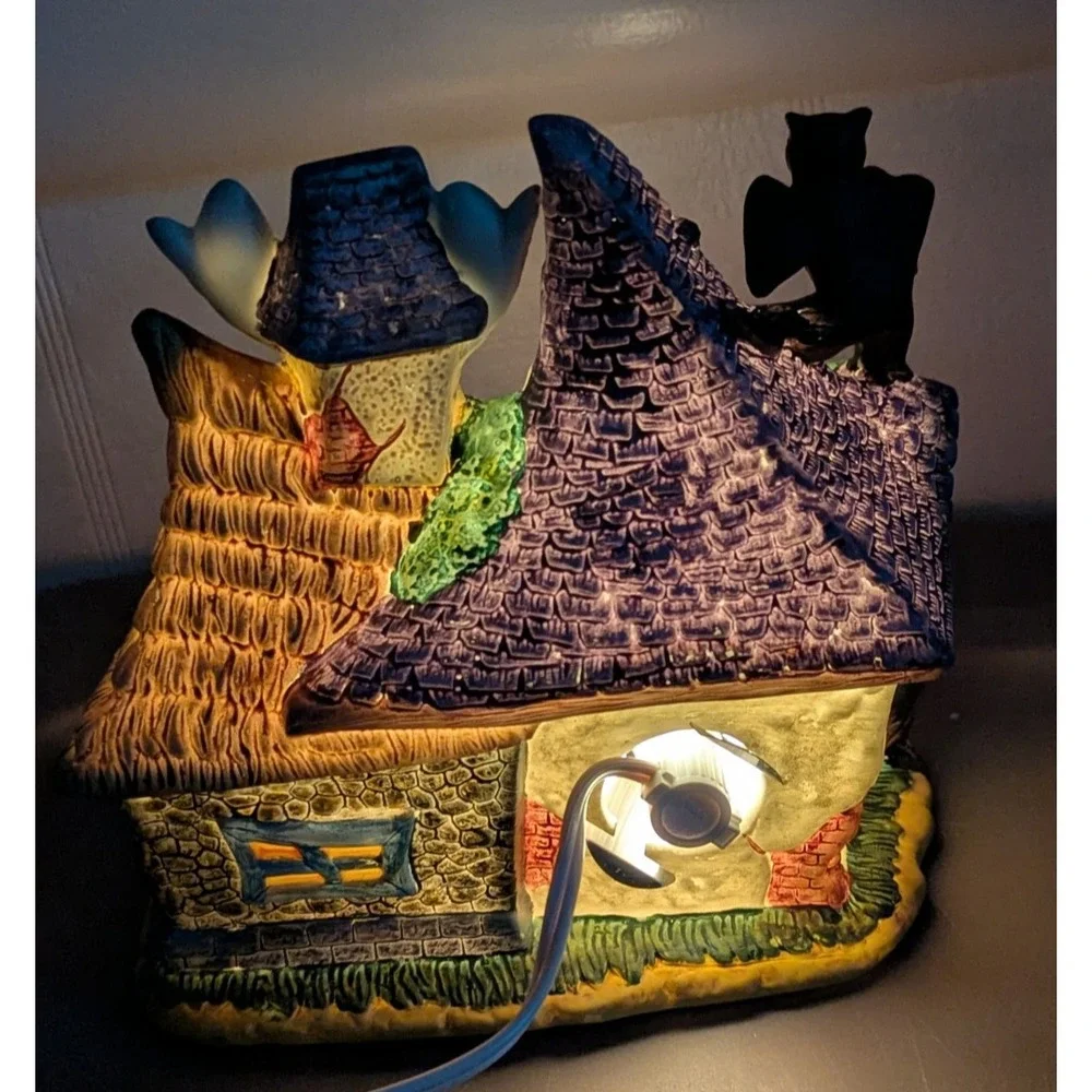 Vtg Spooky Hollow Witch House Porcelain Halloween Village Lighted Town Joann